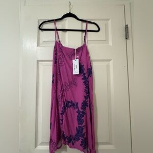 Ava Sky Magenta Slip Dress with Navy Leaf Print